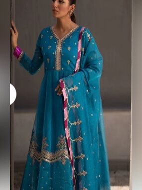 Pakistani Indian Desi Outfit- Terquize Anarkali Dress with Pink embroidery
